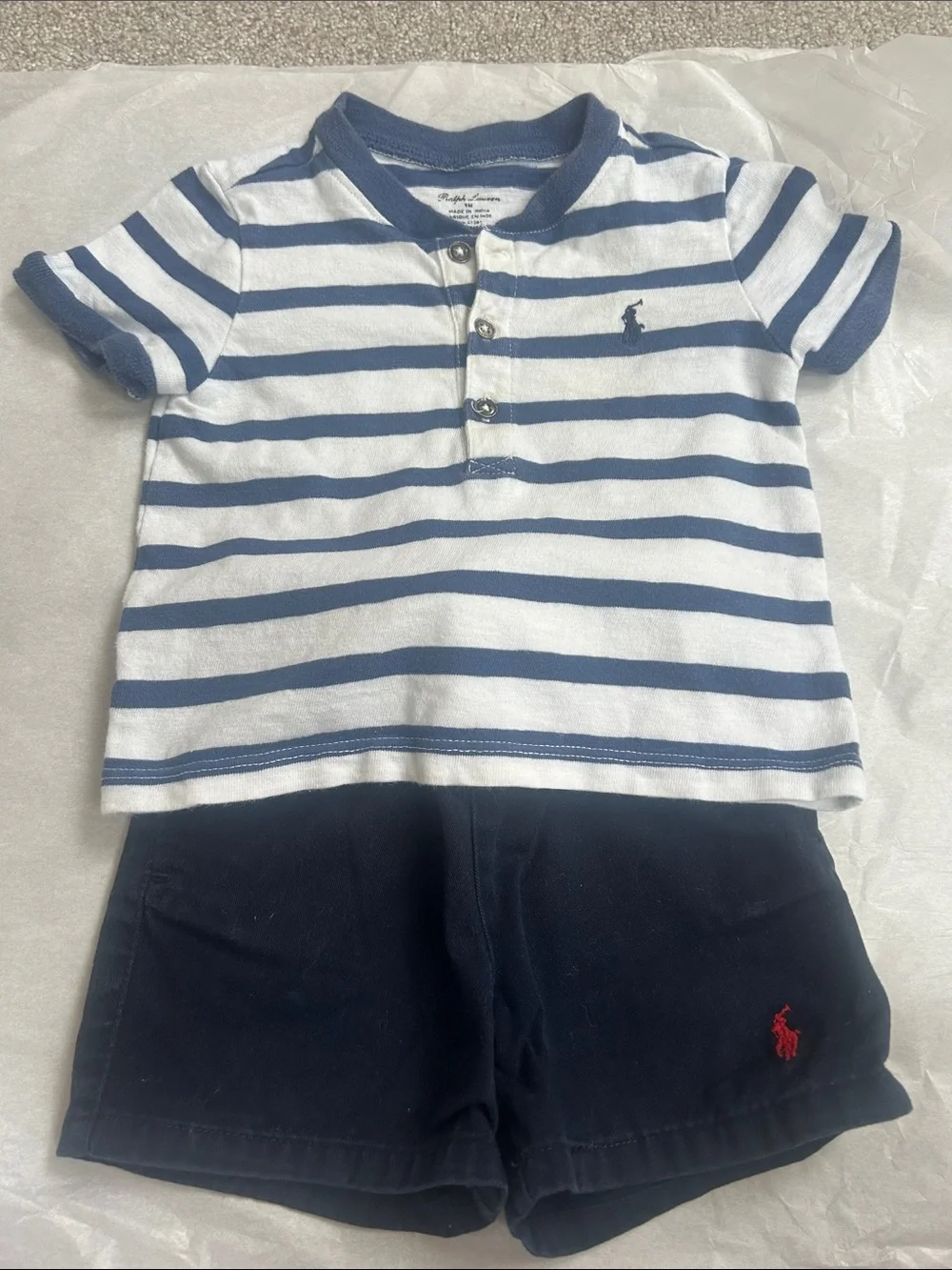 Ralph Lauren White & Blue Striped Polo Tee with Navy Shorts